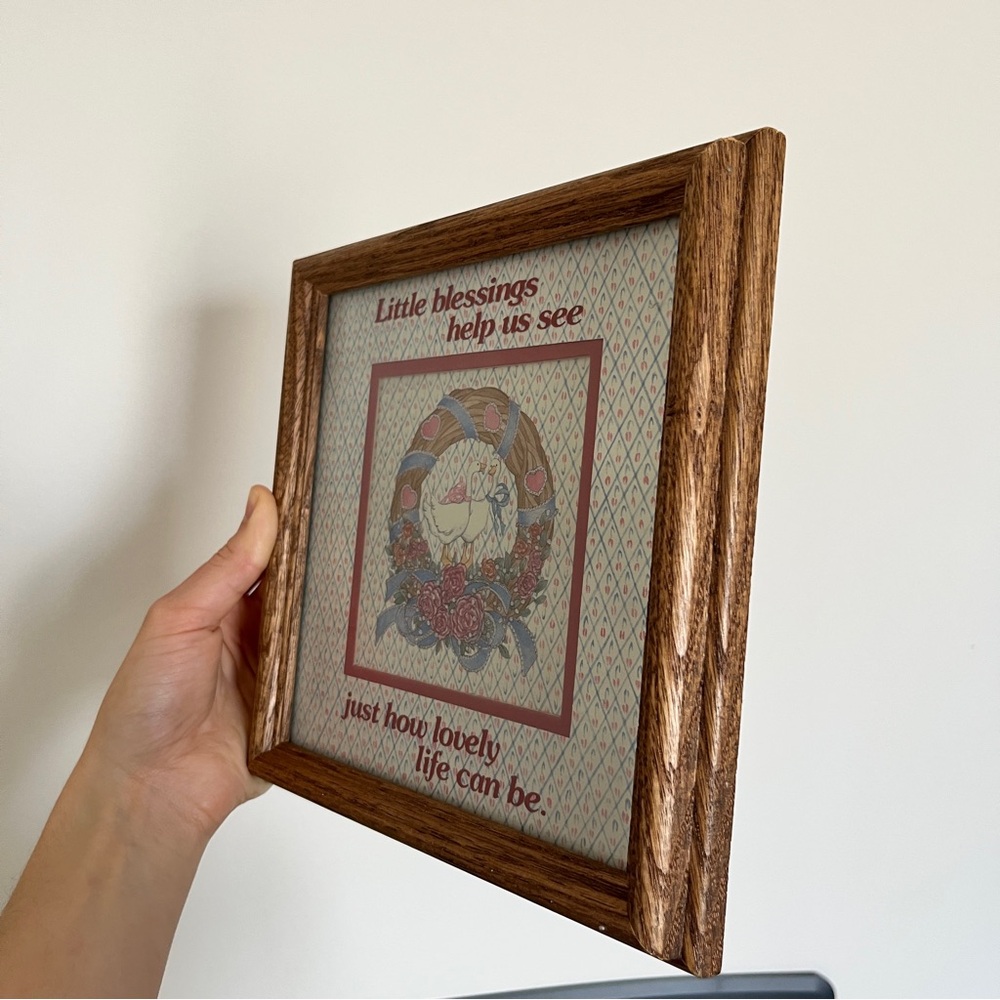 ☾ Vintage 90’s cottagecore pastel goose wall art with oak frame - Picture 3 of 6